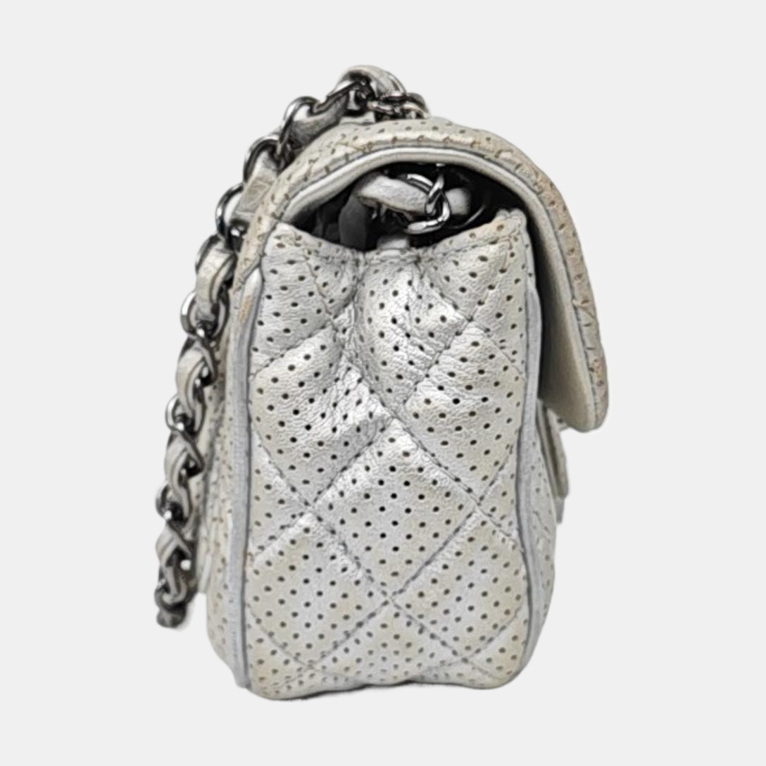 CHANEL CLASSIC FLAP Mini Silver Lamb Skin Quilted Square Crossbody Shoulder Bag Silver Hardware 19 Clasp-(SKU)-968090847