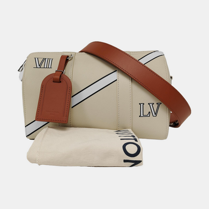 LOUIS VUITTON KEEPALL Beige Leather Boston Bag Single Shoulder Bag Crossbody Bag Silver Hardware Removable Strap-(SKU)-968088625