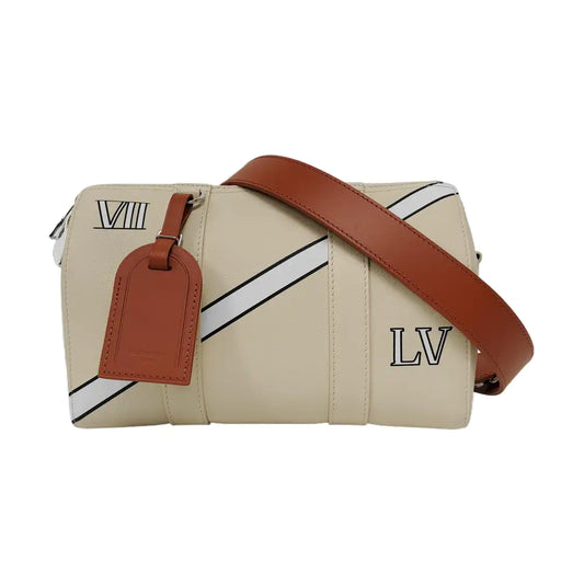 LOUIS VUITTON KEEPALL Beige Leather Boston Bag Single Shoulder Bag Crossbody Bag Silver Hardware Removable Strap-(SKU)-968088625