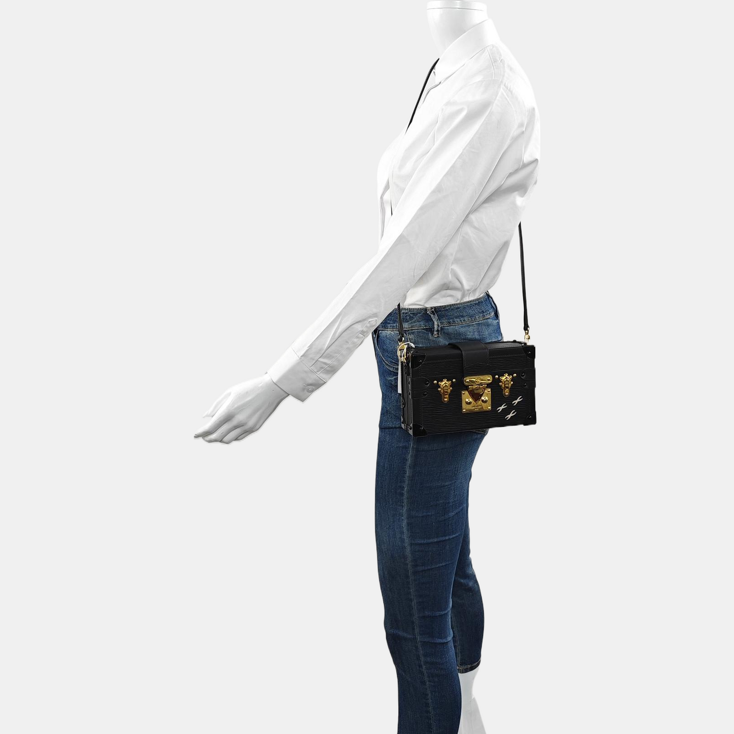 LOUIS VUITTON PETITE MALLE Black EPI Calfskin Water Ripple Pattern Crossbody Shoulder Bag Gold Hardware Removable Shoulder Strap-(SKU)-968078089