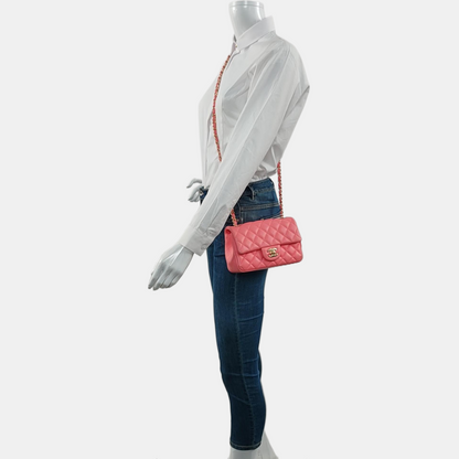 CHANEL CLASSIC FLAP Mini Pink Lamb Leather Quilted Chevron Large Mini Crossbody Shoulder Bag Golden Hardware-(SKU)-967849762