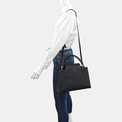 LOUIS VUITTON CAPUCINES Medium Size Black Calfskin Single Shoulder Bag Crossbody Handbag Silver Hardware Removable Shoulder Strap-(SKU)-968015408