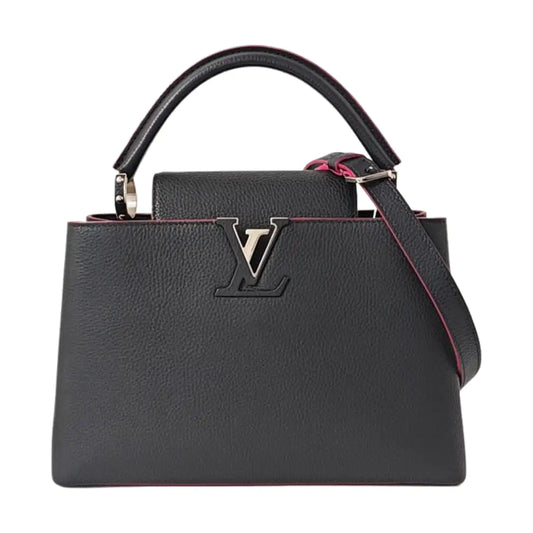 LOUIS VUITTON CAPUCINES Medium Size Black Calfskin Single Shoulder Bag Crossbody Handbag Silver Hardware Removable Shoulder Strap-(SKU)-968015408