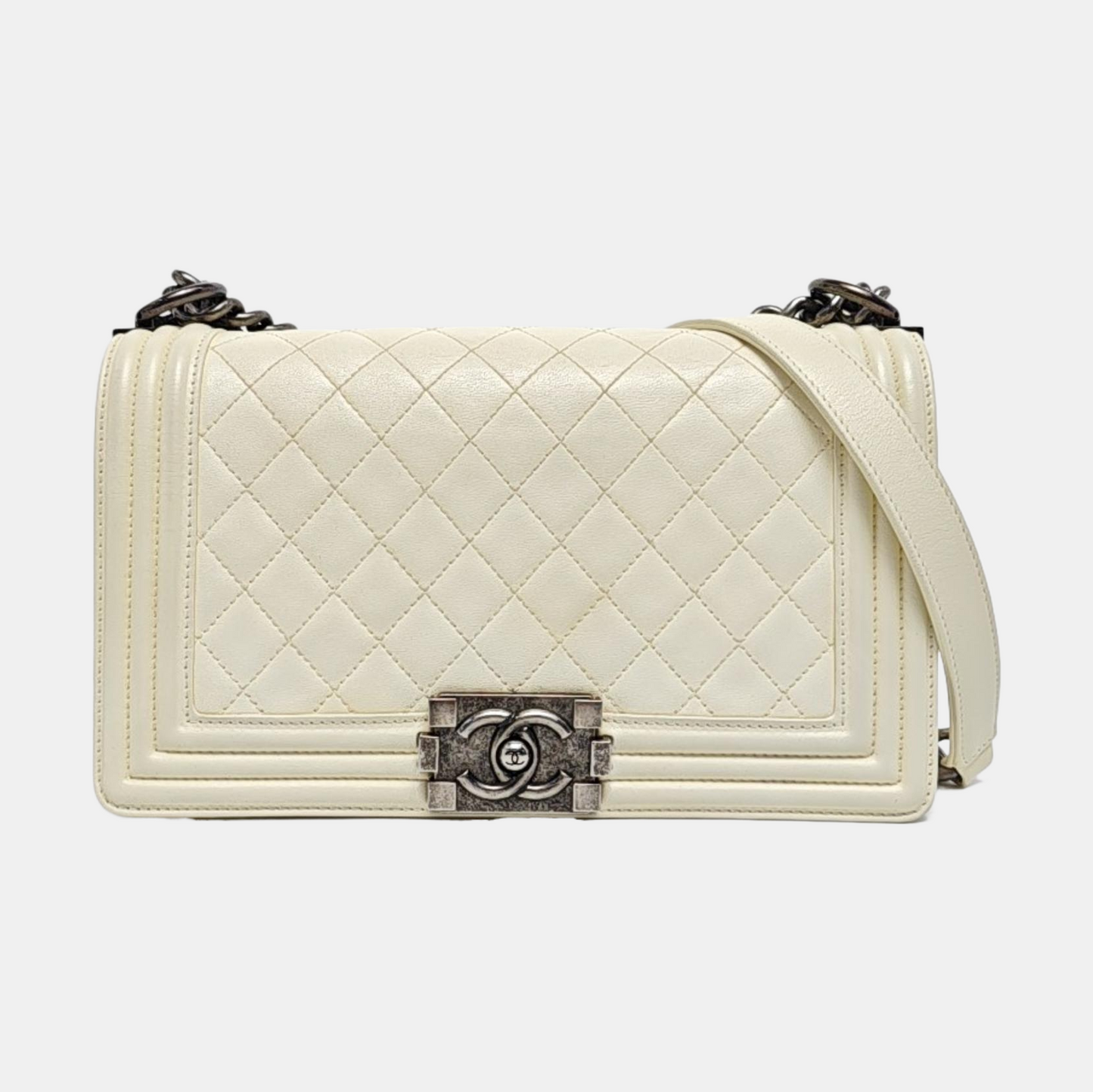 CHANEL BOY CHANEL Medium Size White Lamb Calfskin Quilted Chevron Crossbody Shoulder Bag Rhodium Plated Hardware 18 Clasp Removable Shoulder Strap-(SKU)-968095013