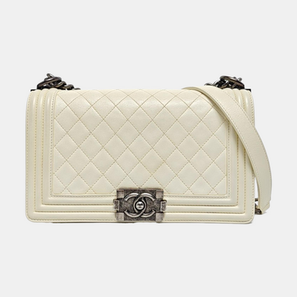 CHANEL BOY CHANEL Medium Size White Lamb Calfskin Quilted Chevron Crossbody Shoulder Bag Rhodium Plated Hardware 18 Clasp Removable Shoulder Strap-(SKU)-968095013
