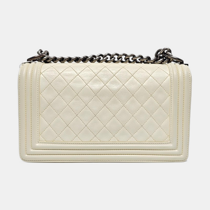 CHANEL BOY CHANEL Medium Size White Lamb Calfskin Quilted Chevron Crossbody Shoulder Bag Rhodium Plated Hardware 18 Clasp Removable Shoulder Strap-(SKU)-968095013