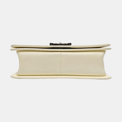CHANEL BOY CHANEL Medium Size White Lamb Calfskin Quilted Chevron Crossbody Shoulder Bag Rhodium Plated Hardware 18 Clasp Removable Shoulder Strap-(SKU)-968095013