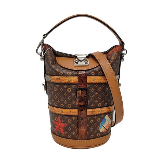 LOUIS VUITTON DUFFLE Brown Coated Canvas Monogram French Fry Shoulder Bag with Shoulder Strap, Silver Hardware, Removable Shoulder Strap-(SKU)-968214373