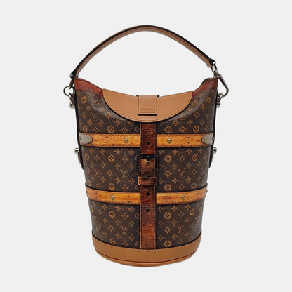 LOUIS VUITTON DUFFLE Brown Coated Canvas Monogram French Fry Shoulder Bag with Shoulder Strap, Silver Hardware, Removable Shoulder Strap-(SKU)-968214373