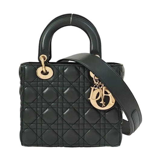 DIOR Lady Dior Small Dark Green Lamb Skin Quilted Diagonal Bag 4-Compartment Single Shoulder Bag Crossbody Handbag with Gold Hardware and Removable Shoulder Strap-(SKU)-968076065