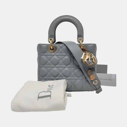 DIOR Lady Dior Small Grey Lamb Skin Quilted Cannage Diorever Shoulder Bag Tote Bag Crossbody Bag with Gold Hardware and Detachable Shoulder Strap, Complete Accessories-(SKU)-968155280