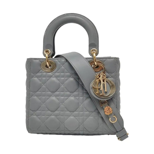 DIOR Lady Dior Small Grey Lamb Skin Quilted Cannage Diorever Shoulder Bag Tote Bag Crossbody Bag with Gold Hardware and Detachable Shoulder Strap, Complete Accessories-(SKU)-968155280