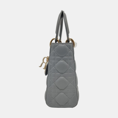 DIOR Lady Dior Small Grey Lamb Skin Quilted Cannage Diorever Shoulder Bag Tote Bag Crossbody Bag with Gold Hardware and Detachable Shoulder Strap, Complete Accessories-(SKU)-968155280