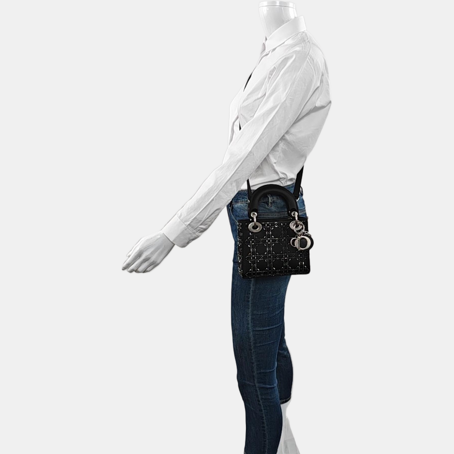 DIOR Lady Dior Mini Size Black Satin Cannage Quilted Diaper Bag Crossbody Shoulder Bag Handbag Silver Hardware Removable Strap-(SKU)-968261144