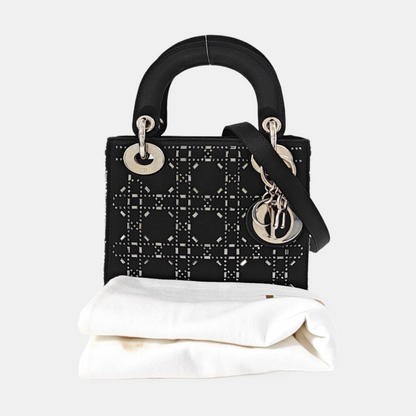 DIOR Lady Dior Mini Size Black Satin Cannage Quilted Diaper Bag Crossbody Shoulder Bag Handbag Silver Hardware Removable Strap-(SKU)-968261144