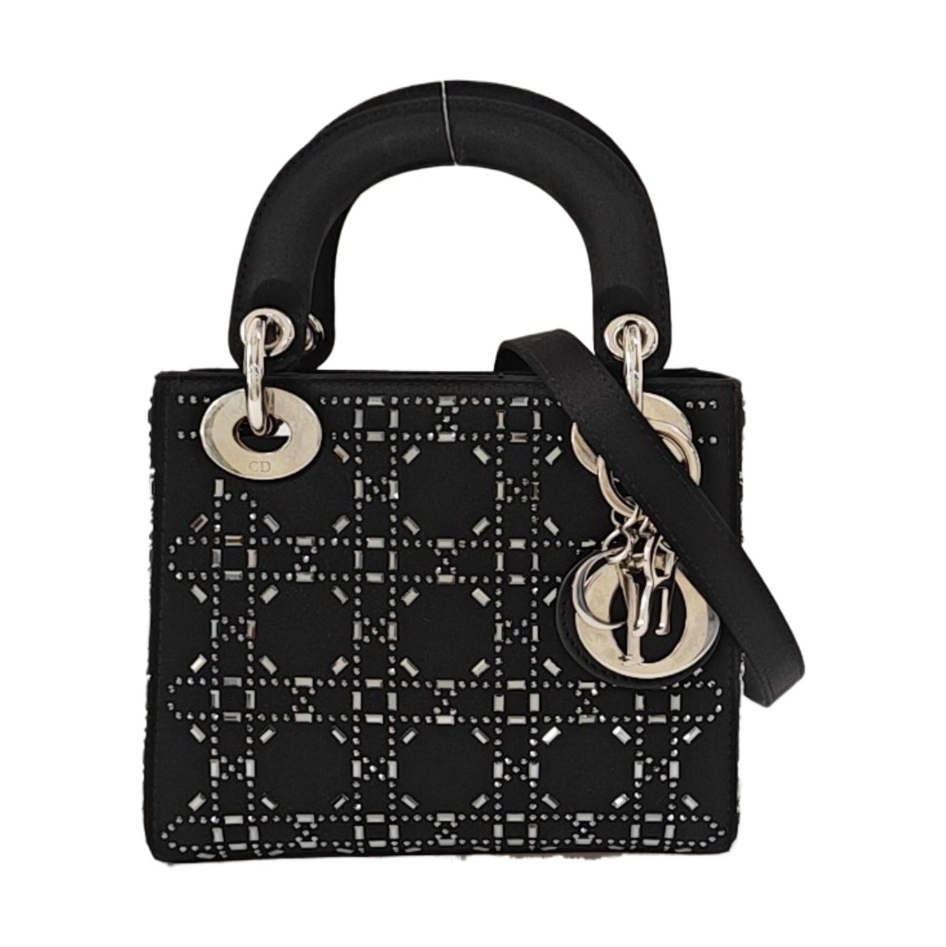 DIOR Lady Dior Mini Size Black Satin Cannage Quilted Diaper Bag Crossbody Shoulder Bag Handbag Silver Hardware Removable Strap-(SKU)-968261144