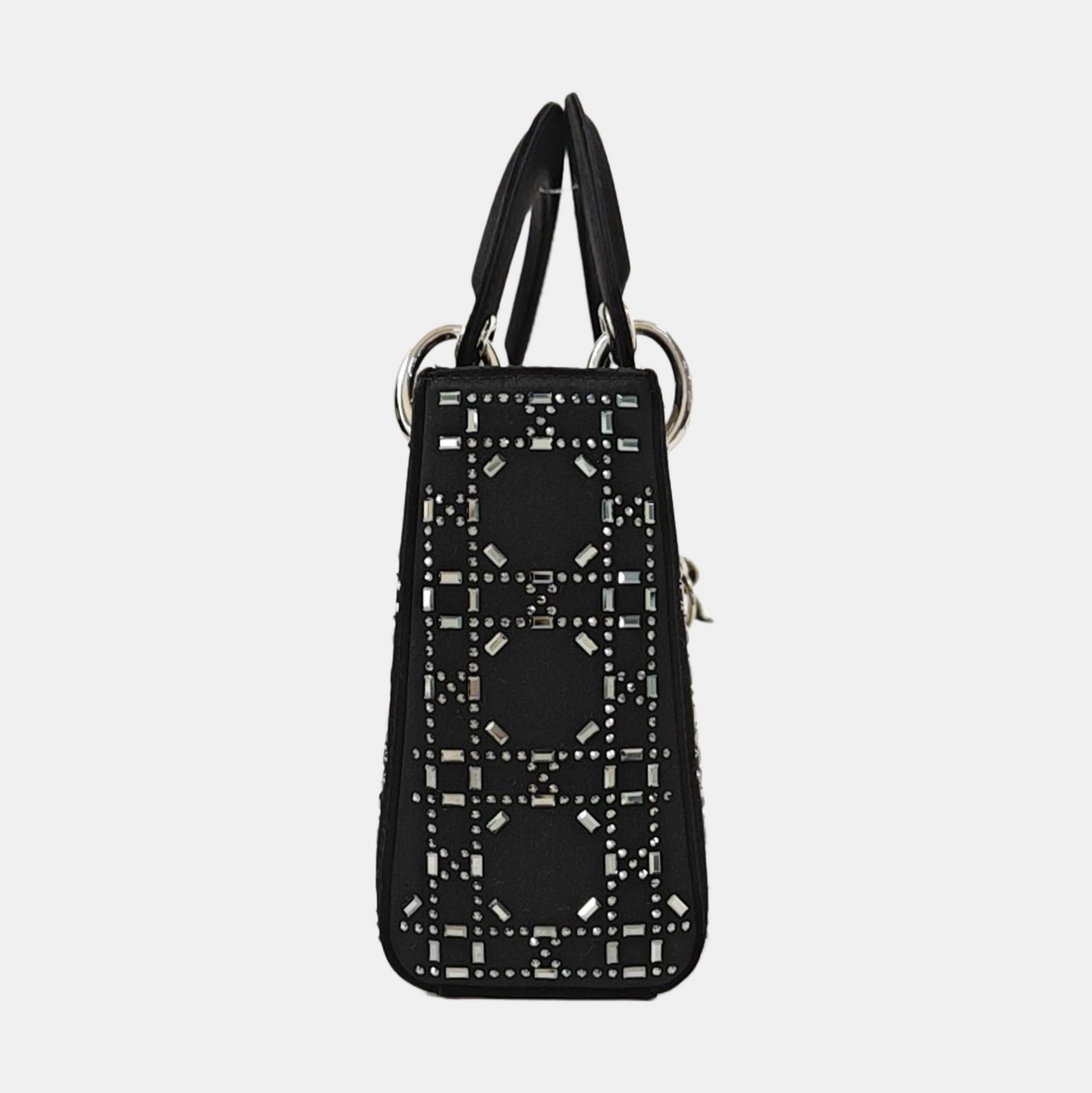 DIOR Lady Dior Mini Size Black Satin Cannage Quilted Diaper Bag Crossbody Shoulder Bag Handbag Silver Hardware Removable Strap-(SKU)-968261144
