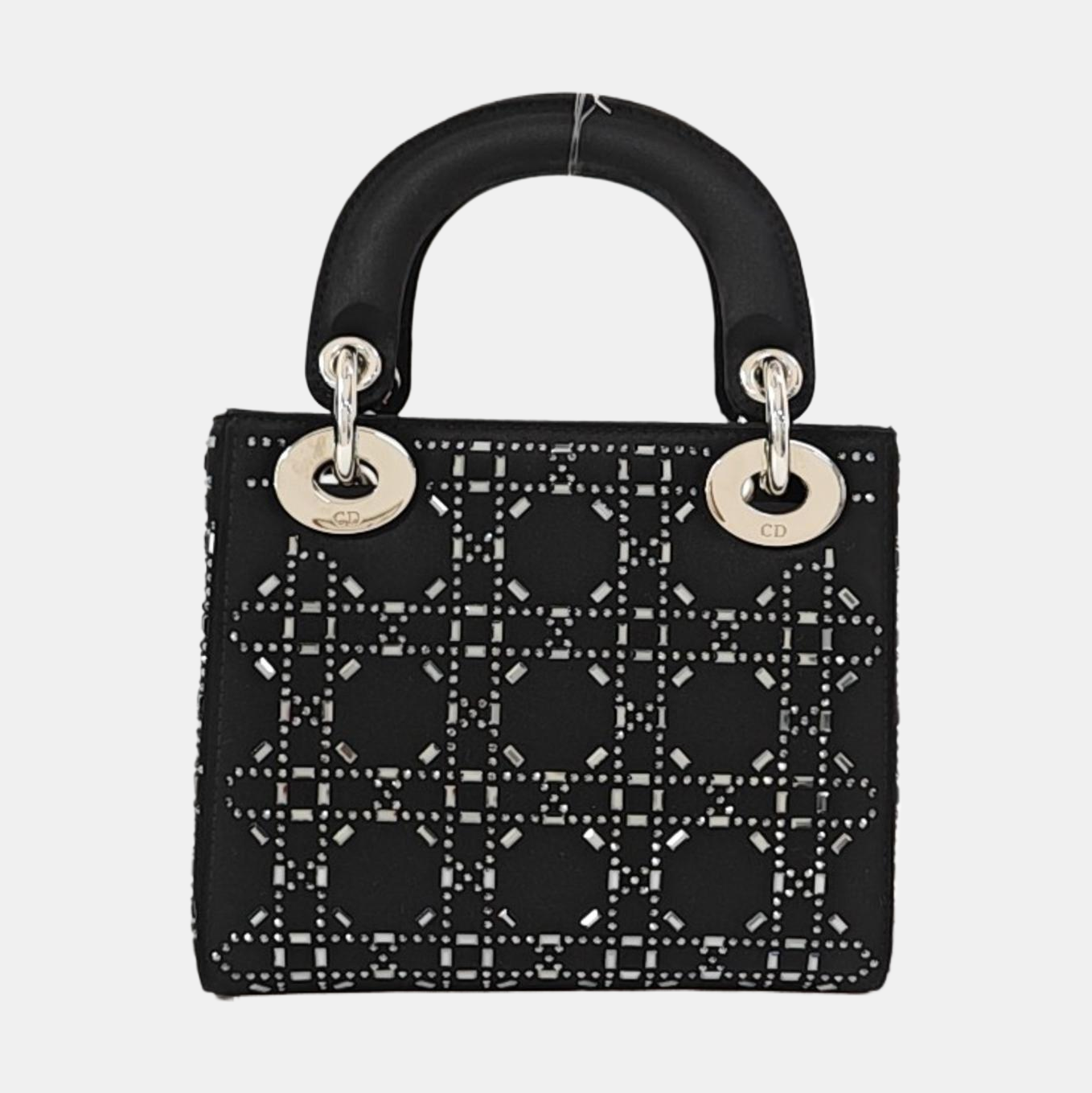 DIOR Lady Dior Mini Size Black Satin Cannage Quilted Diaper Bag Crossbody Shoulder Bag Handbag Silver Hardware Removable Strap-(SKU)-968261144