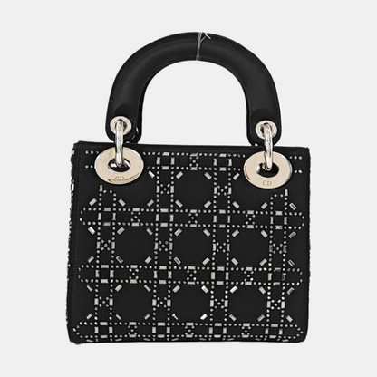 DIOR Lady Dior Mini Size Black Satin Cannage Quilted Diaper Bag Crossbody Shoulder Bag Handbag Silver Hardware Removable Strap-(SKU)-968261144