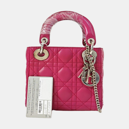 DIOR Lady Dior Mini Pinkish Red Lamb Leather Quilted Grained Three Compartment Shoulder Bag Crossbody Bag Tote Bag Silver Hardware Removable Strap-(SKU)-968391657