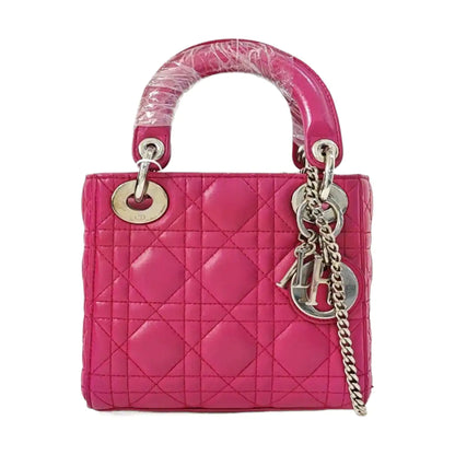 DIOR Lady Dior Mini Pinkish Red Lamb Leather Quilted Grained Three Compartment Shoulder Bag Crossbody Bag Tote Bag Silver Hardware Removable Strap-(SKU)-968391657