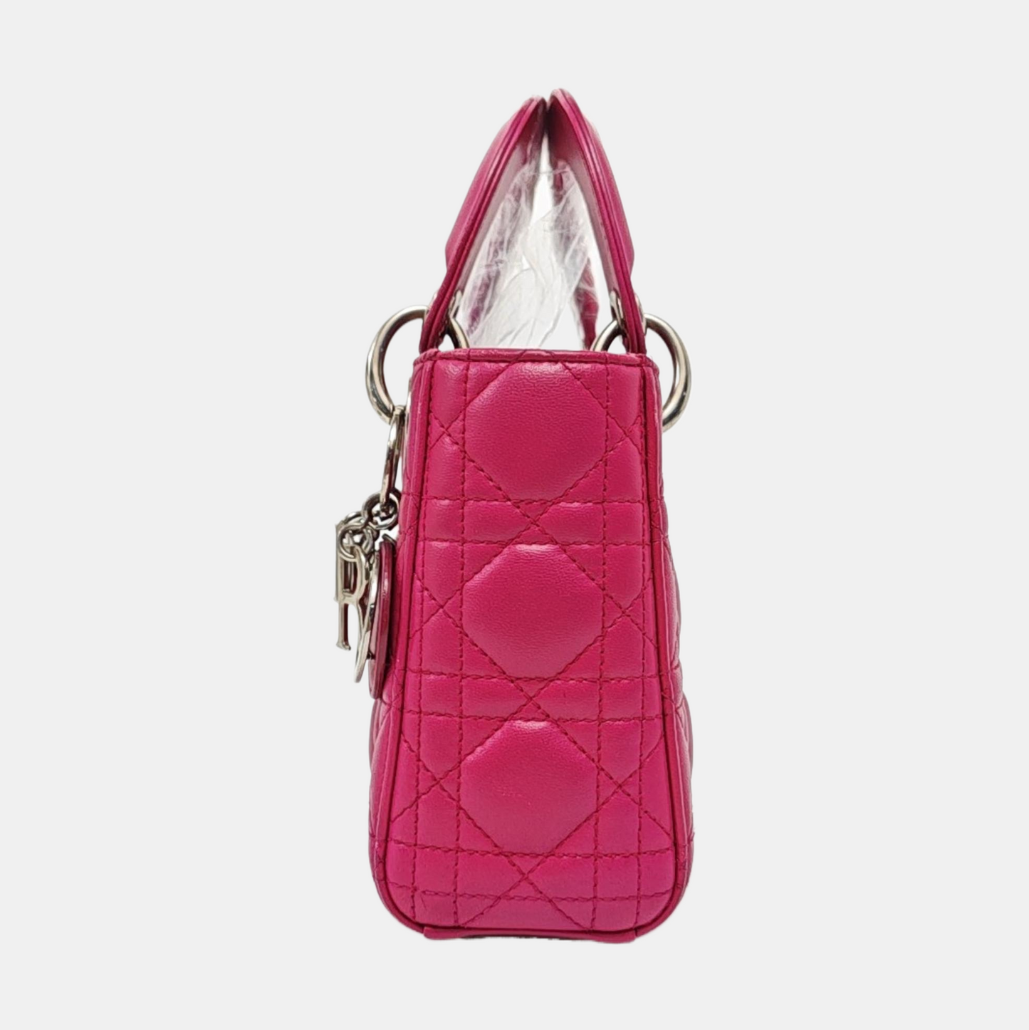 DIOR Lady Dior Mini Pinkish Red Lamb Leather Quilted Grained Three Compartment Shoulder Bag Crossbody Bag Tote Bag Silver Hardware Removable Strap-(SKU)-968391657
