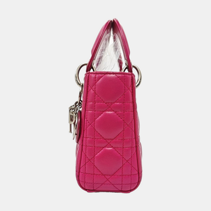 DIOR Lady Dior Mini Pinkish Red Lamb Leather Quilted Grained Three Compartment Shoulder Bag Crossbody Bag Tote Bag Silver Hardware Removable Strap-(SKU)-968391657