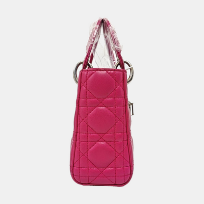 DIOR Lady Dior Mini Pinkish Red Lamb Leather Quilted Grained Three Compartment Shoulder Bag Crossbody Bag Tote Bag Silver Hardware Removable Strap-(SKU)-968391657