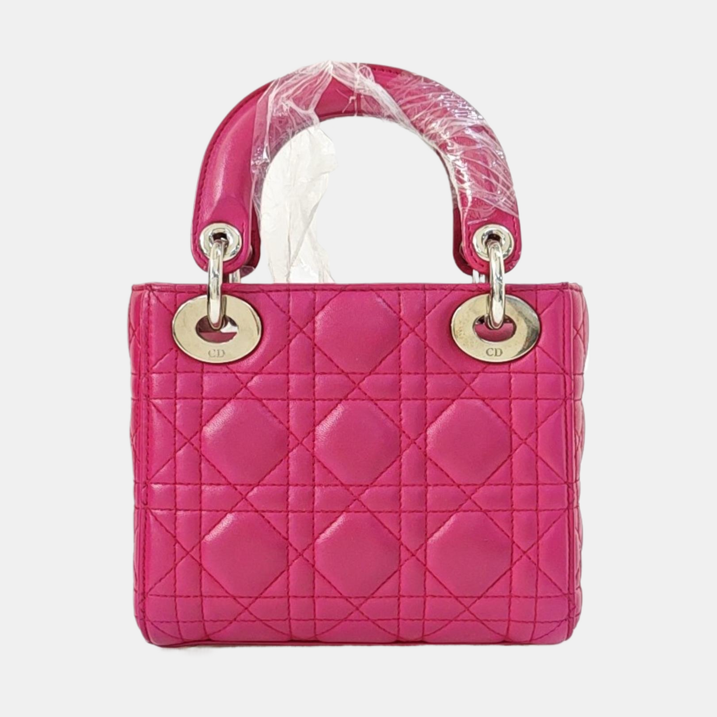 DIOR Lady Dior Mini Pinkish Red Lamb Leather Quilted Grained Three Compartment Shoulder Bag Crossbody Bag Tote Bag Silver Hardware Removable Strap-(SKU)-968391657