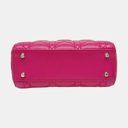 DIOR Lady Dior Mini Pinkish Red Lamb Leather Quilted Grained Three Compartment Shoulder Bag Crossbody Bag Tote Bag Silver Hardware Removable Strap-(SKU)-968391657