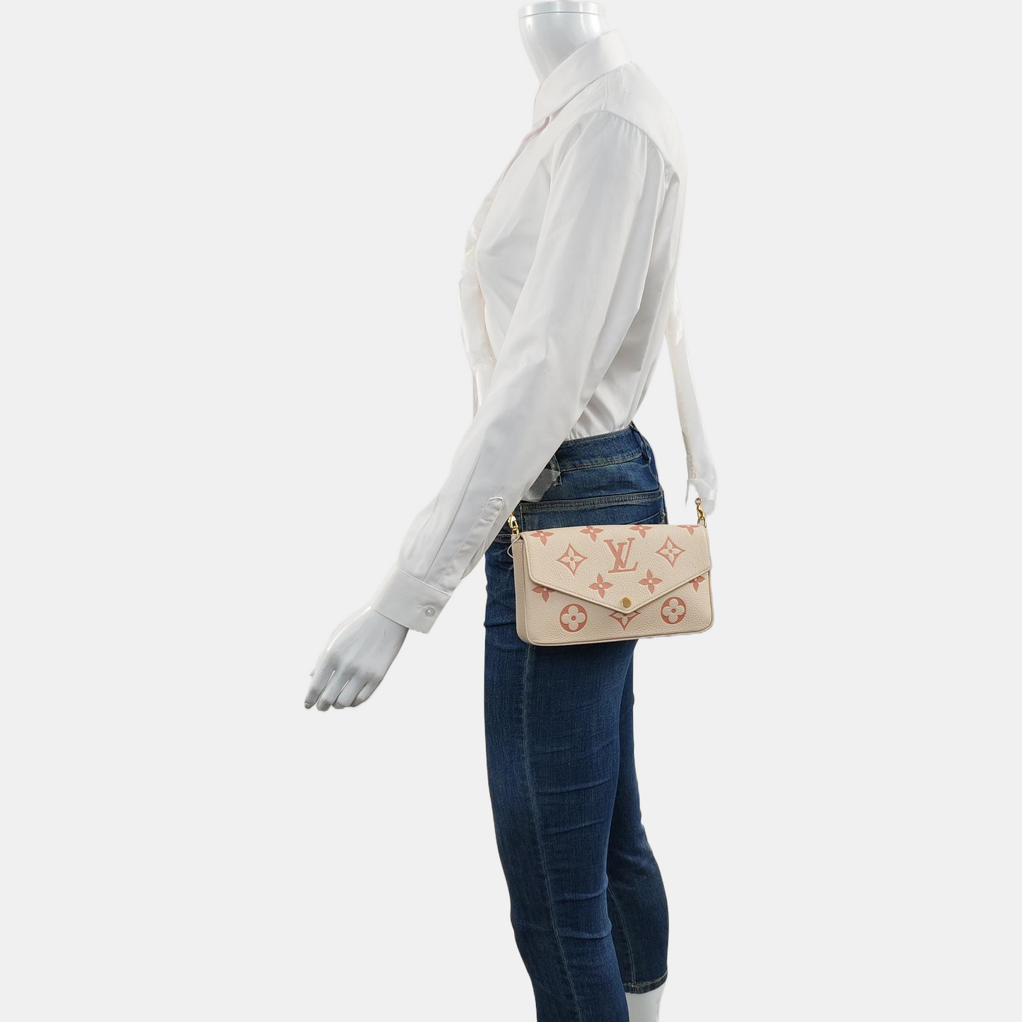 LOUIS VUITTON FÉLICIE Small White Leather Monogram Damier Ebene Crossbody Tote Shoulder Bag Golden Hardware Removable Shoulder Strap with Detachable Pocket-(SKU)-968236375