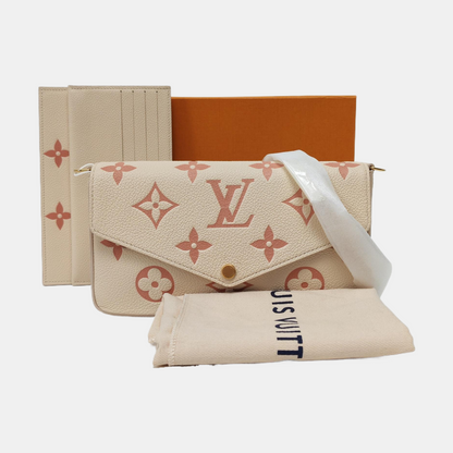 LOUIS VUITTON FÉLICIE Small White Leather Monogram Damier Ebene Crossbody Tote Shoulder Bag Golden Hardware Removable Shoulder Strap with Detachable Pocket-(SKU)-968236375