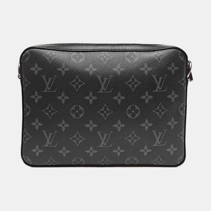 LOUIS VUITTON TRIO Gray Coated Canvas Monogram Messenger Bag Black Samurai Crossbody Bag Shoulder Bag Silver Hardware Pockets Removable Strap-(SKU)-968551162