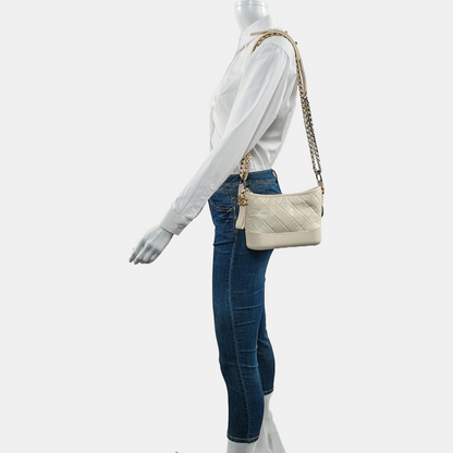 CHANEL GABRIELLE Small White Vintage Calfskin Quilted Chain Bag Crossbody Bag, Single Shoulder Bag, Gold and Silver Rhodium-Plated Hardware, 26 Clasp, Detachable Shoulder Strap-(SKU)-968499103