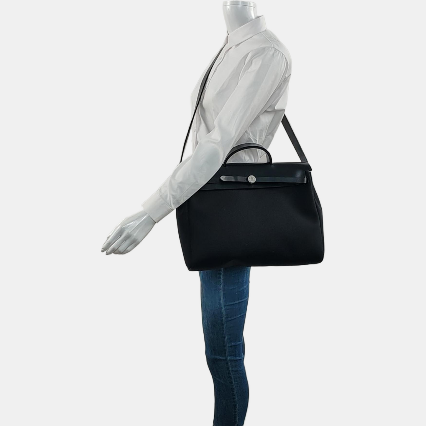 HERMÈS Herbag 35 black canvas shoulder bag silver hardware B detachable shoulder strap-(SKU)-968368535