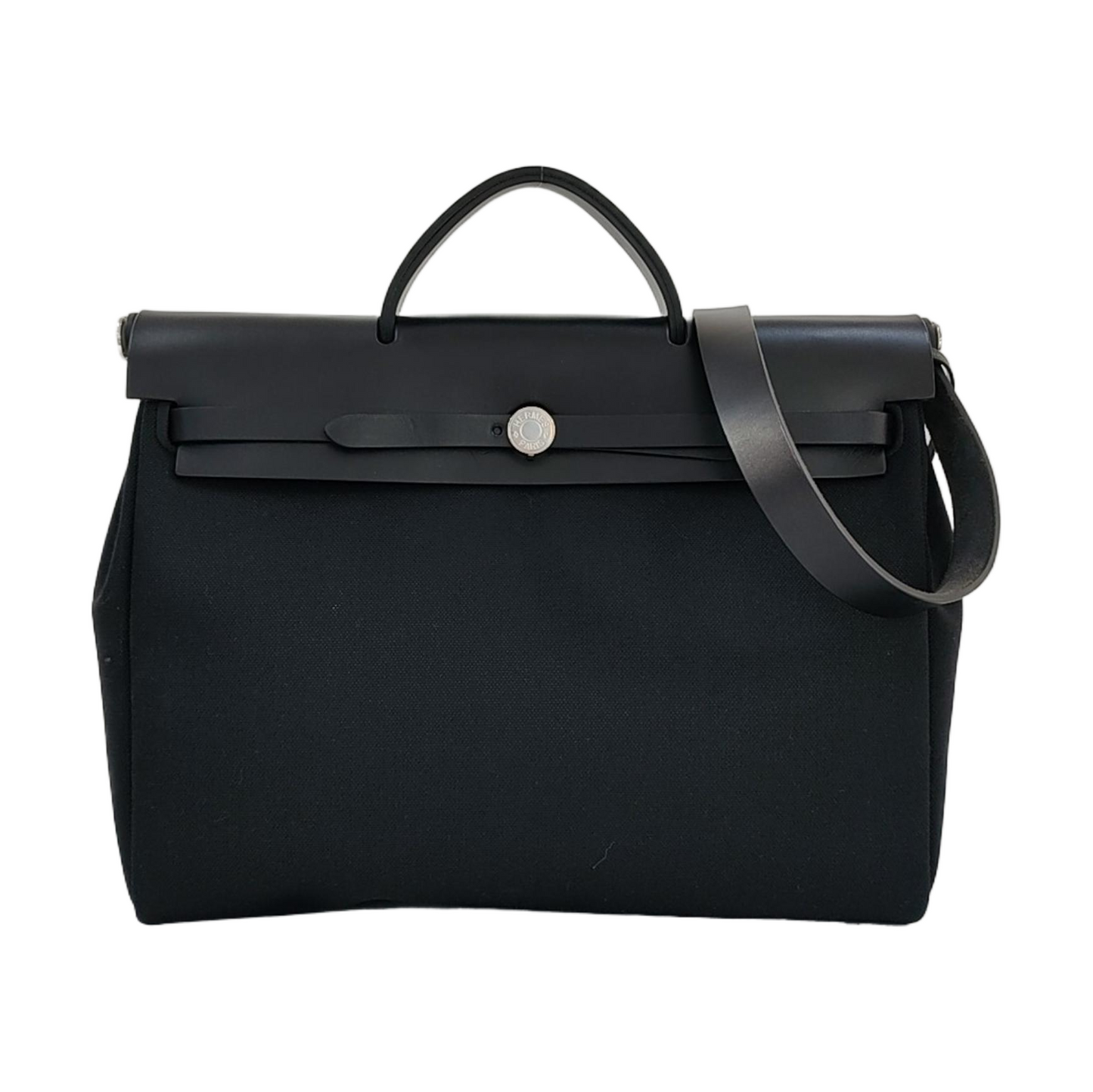HERMÈS Herbag 35 black canvas shoulder bag silver hardware B detachable shoulder strap-(SKU)-968368535