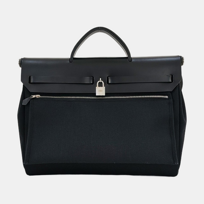 HERMÈS Herbag 35 black canvas shoulder bag silver hardware B detachable shoulder strap-(SKU)-968368535