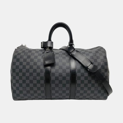 LOUIS VUITTON KEEPALL 45 Grey Coated Canvas Monogram Checkered Shoulder Bag Tote Bag Crossbody Strap-(SKU)-968716297
