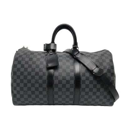 LOUIS VUITTON KEEPALL 45 Grey Coated Canvas Monogram Checkered Shoulder Bag Tote Bag Crossbody Strap-(SKU)-968716297