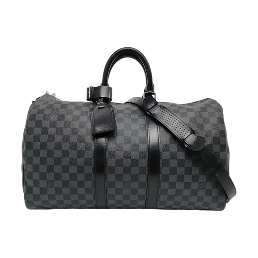 LOUIS VUITTON KEEPALL 45 Grey Coated Canvas Monogram Checkered Shoulder Bag Tote Bag Crossbody Strap-(SKU)-968716297