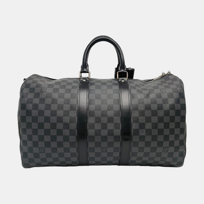LOUIS VUITTON KEEPALL 45 Grey Coated Canvas Monogram Checkered Shoulder Bag Tote Bag Crossbody Strap-(SKU)-968716297