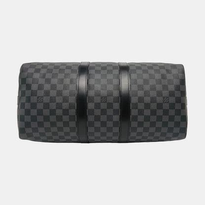 LOUIS VUITTON KEEPALL 45 Grey Coated Canvas Monogram Checkered Shoulder Bag Tote Bag Crossbody Strap-(SKU)-968716297