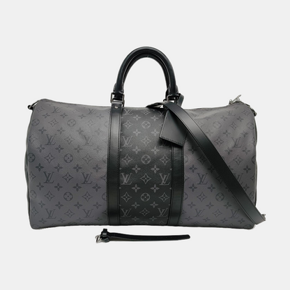 LOUIS VUITTON KEEPALL 50 Grey Coated Canvas Monogram Shoulder Bag Tote Crossbody Bag Silver Hardware Removable Shoulder Strap-(SKU)-967622018