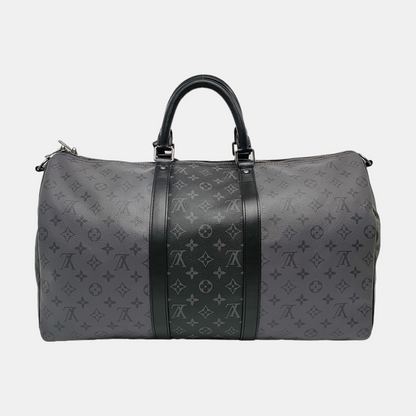 LOUIS VUITTON KEEPALL 50 Grey Coated Canvas Monogram Shoulder Bag Tote Crossbody Bag Silver Hardware Removable Shoulder Strap-(SKU)-967622018