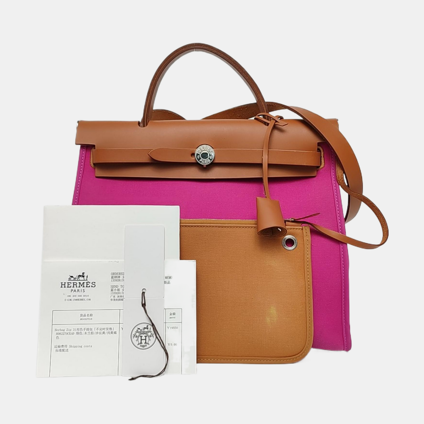 HERMÈS Herbag 31 Magnolia Pink Canvas Shoulder Bag, Tote, and Crossbody with Silver Hardware Z, Detachable Strap-(SKU)-968659072