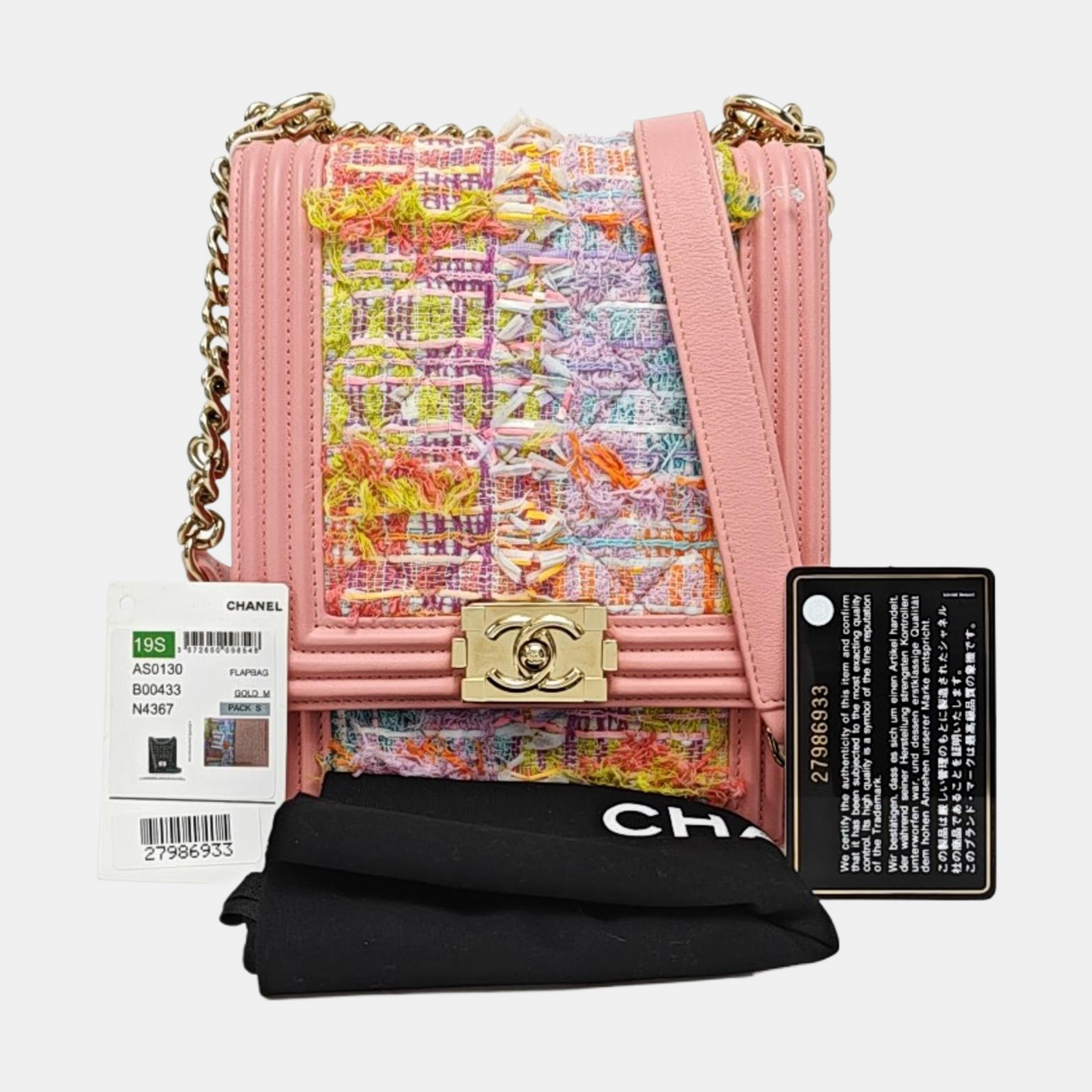 CHANEL BOY CHANEL Pink Tweed Quilted Crossbody Shoulder Bag with Golden Hardware, 27K, Detachable Strap-(SKU)-968690690