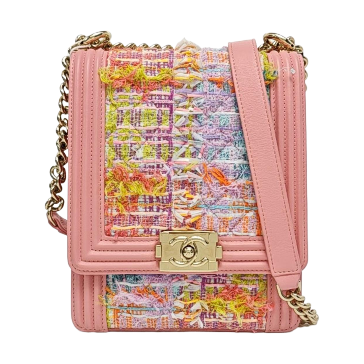 CHANEL BOY CHANEL Pink Tweed Quilted Crossbody Shoulder Bag with Golden Hardware, 27K, Detachable Strap-(SKU)-968690690
