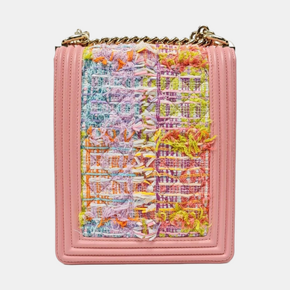 CHANEL BOY CHANEL Pink Tweed Quilted Crossbody Shoulder Bag with Golden Hardware, 27K, Detachable Strap-(SKU)-968690690