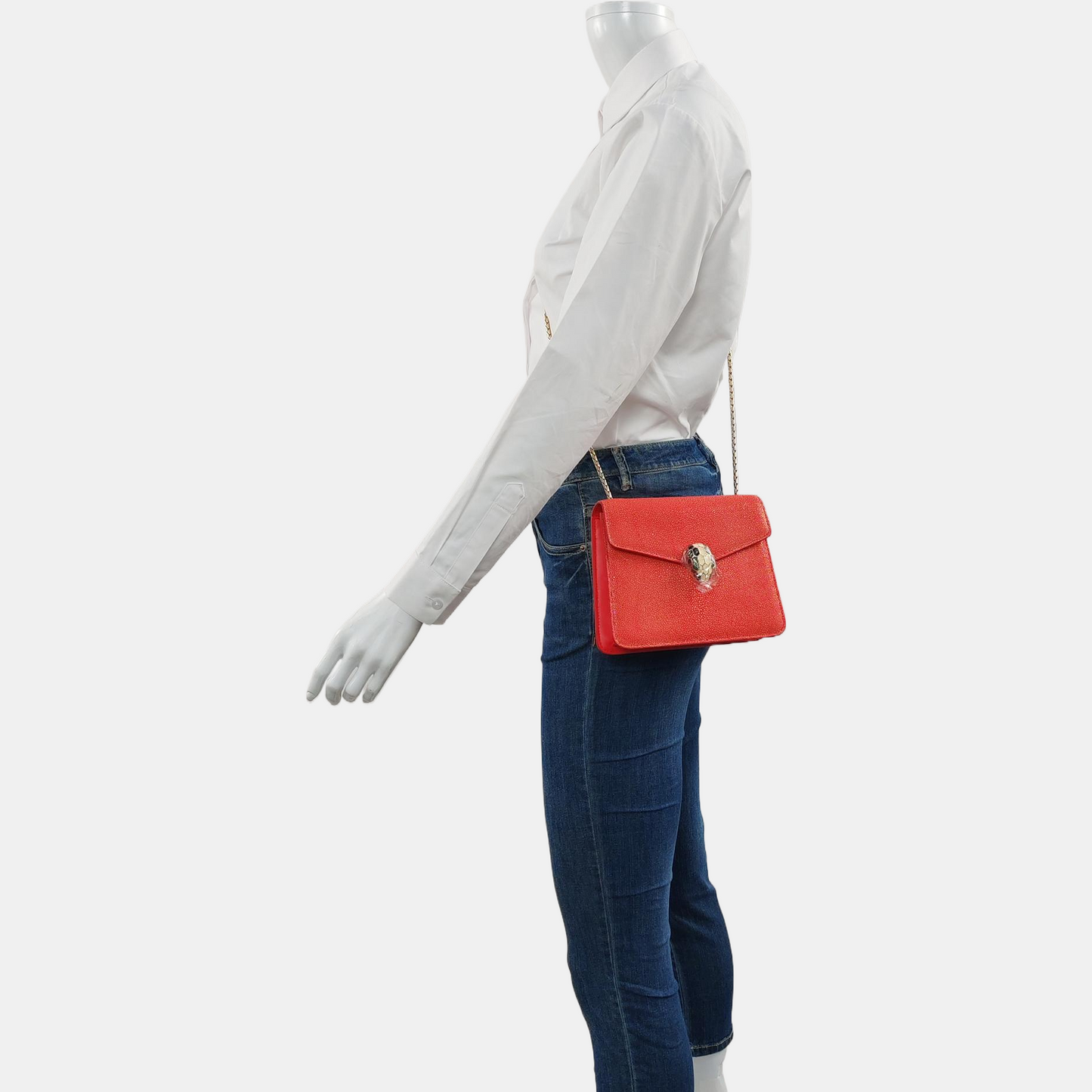 BVLGARI SERPENTI FOREVER Small Red Pearl Fish Skin Snakehead Shoulder Bag Crossbody with Multicolor Hardware-(SKU)-968505989