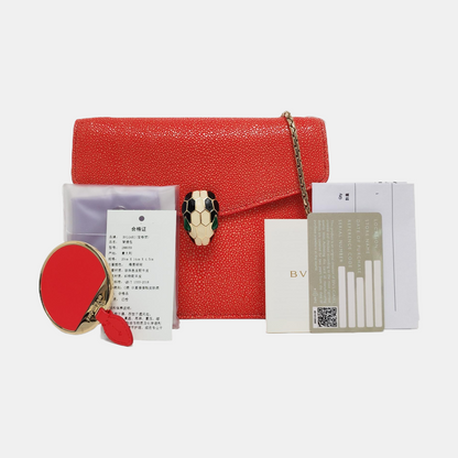 BVLGARI SERPENTI FOREVER Small Red Pearl Fish Skin Snakehead Shoulder Bag Crossbody with Multicolor Hardware-(SKU)-968505989